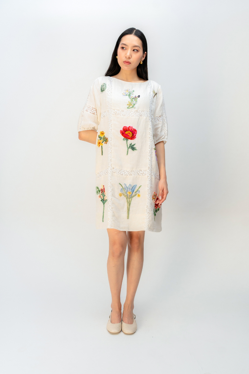 WISPERING GARDEN DRESS linen dress by Ode to Odd in off white for women in Singapore