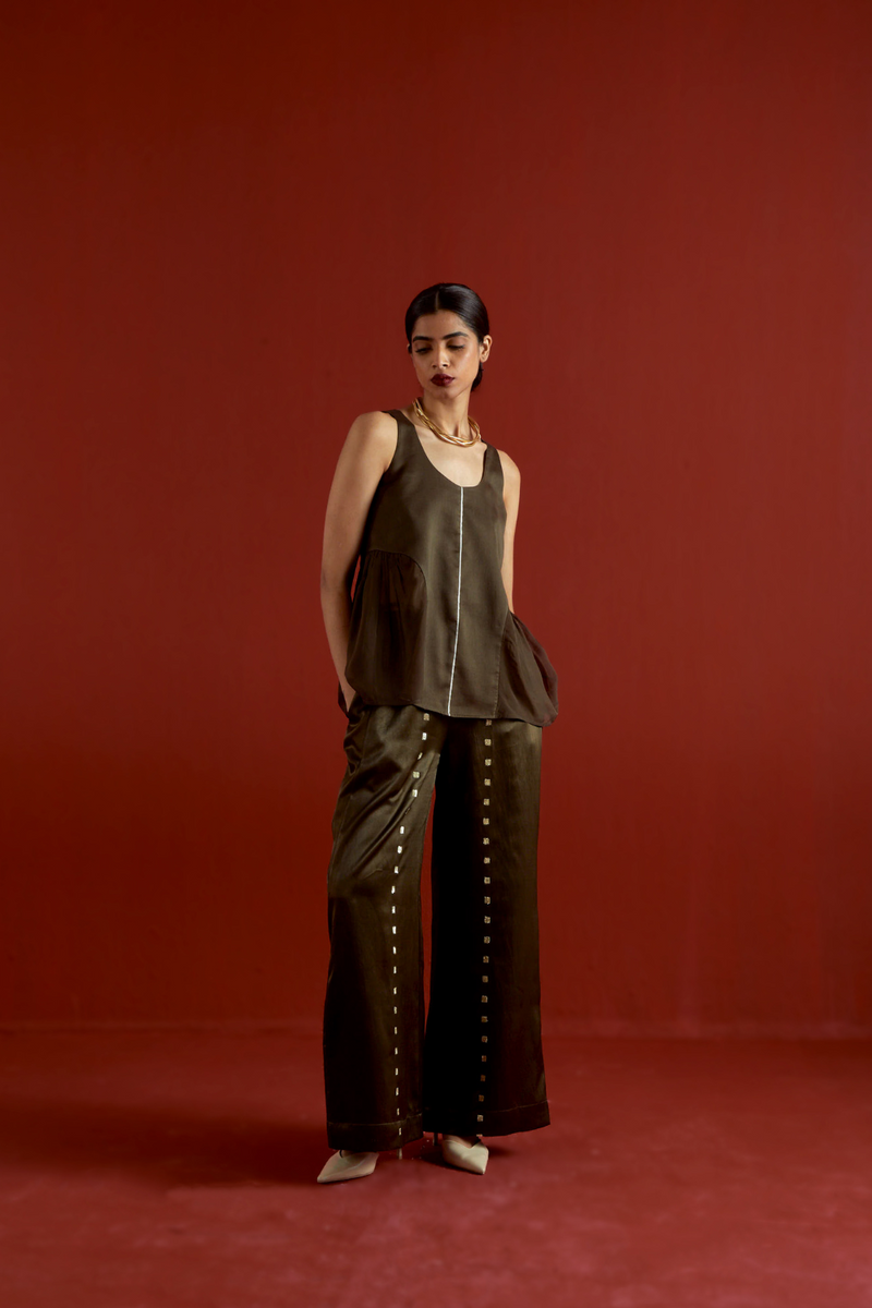 SIDE U-GATHER TOP CO-ORD-DARK OLIVE organza by THREE in olive color for women in Singapore
