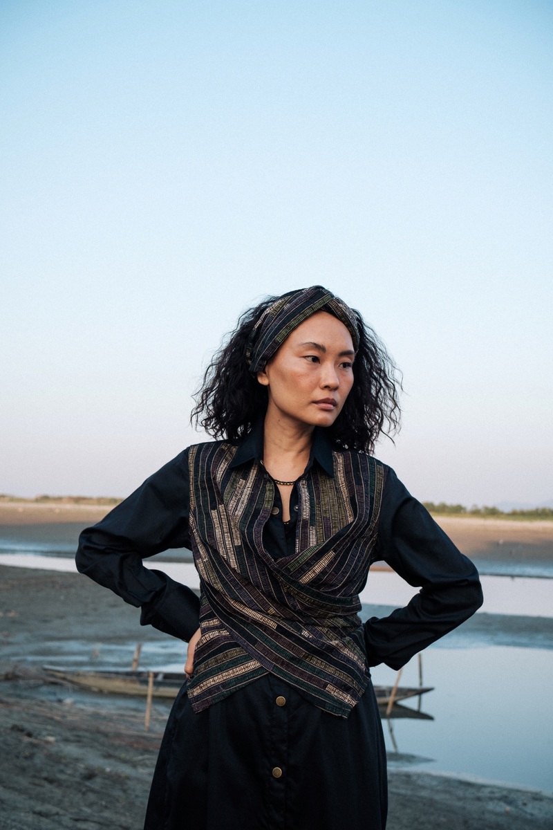 Upcycled Seattle Wrap Short Dress - Black Green cotton by The Terra Tribe in green color for women in Singapore