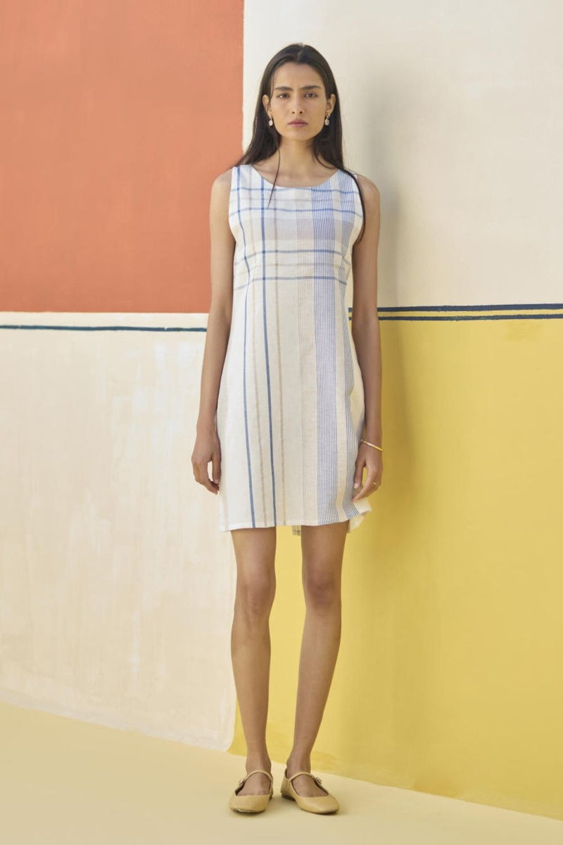 Nora Check Linen Shift Dress - Ivory linen by Manan in ivory color for women in Singapore