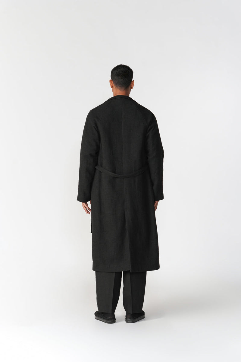 Chenille Notch Lapel Long Overcoat jacket/overlay by Turn Black in black for men in Singapore