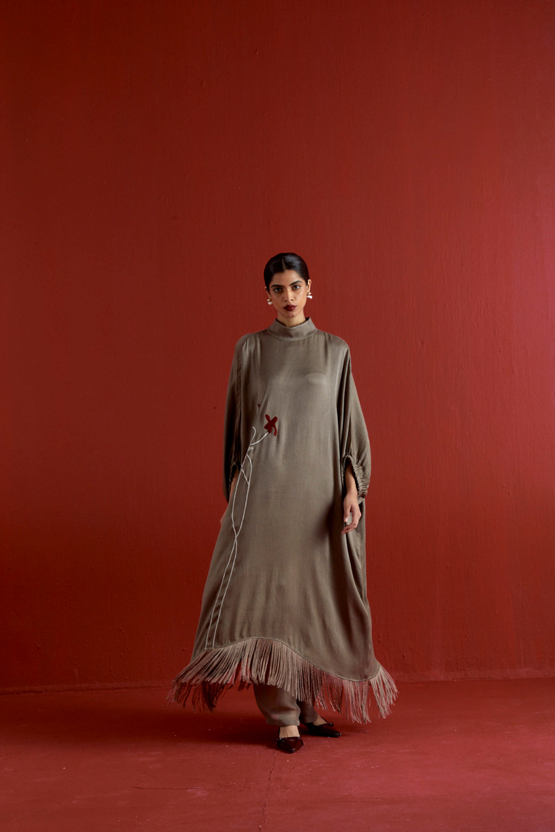 FLORAL FRINGE KAFTAN CO-ORD-CEDAR satin by THREE for women in Singapore