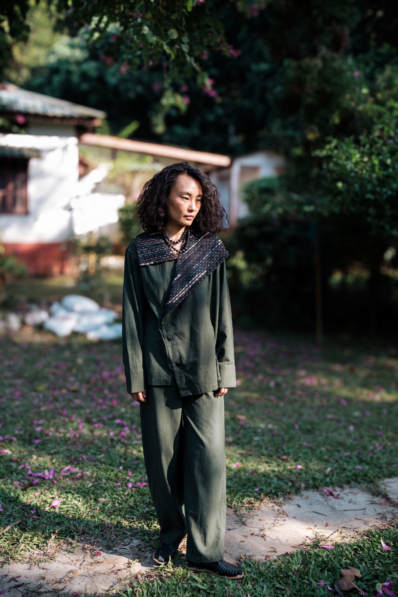 Upcycled Handwoven Arrow collar shirt - Green cotton by The Terra Tribe in green color for women in Singapore