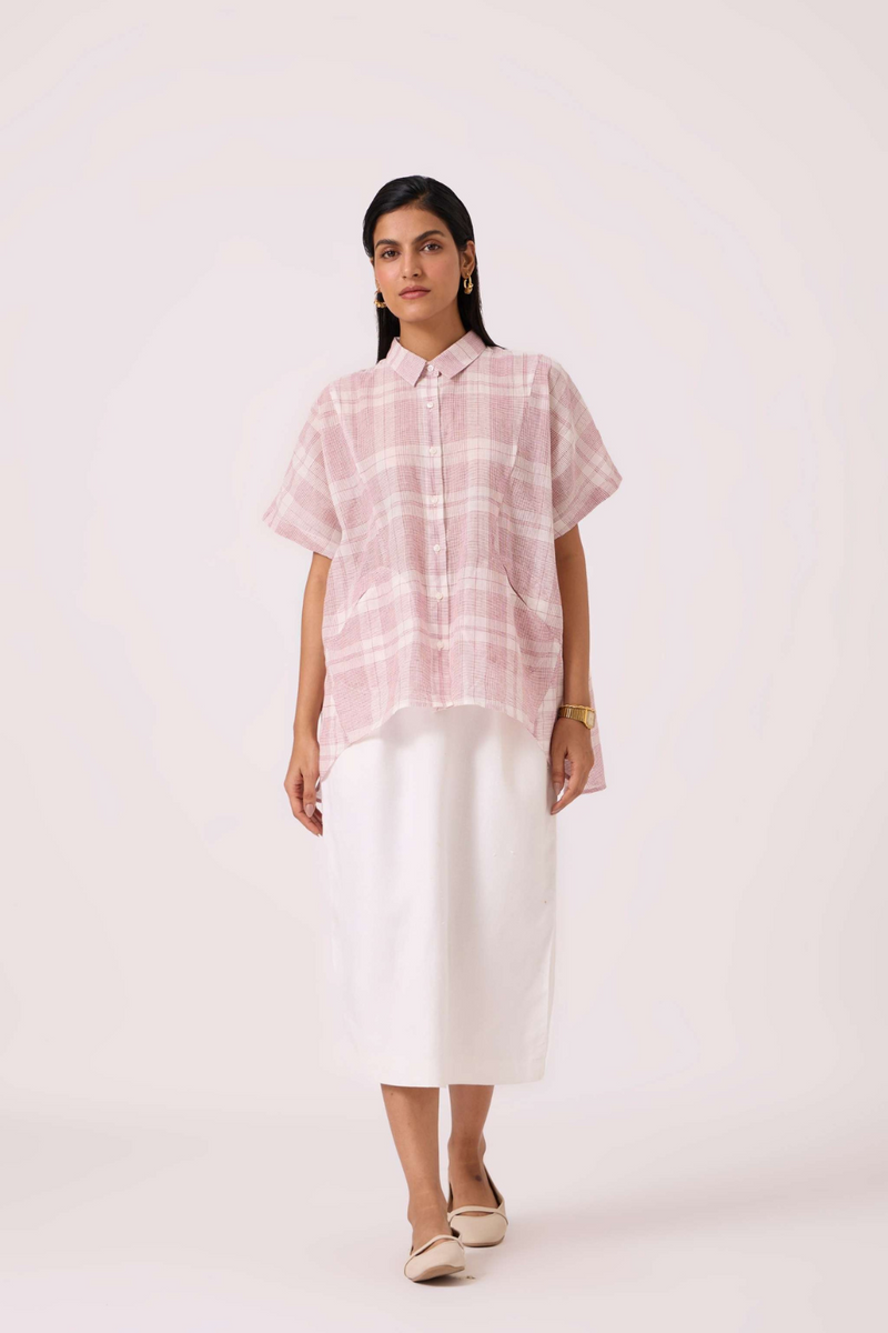Sibyl Checkered Handwoven Shirt cotton by The Summer House in red color for women in Singapore