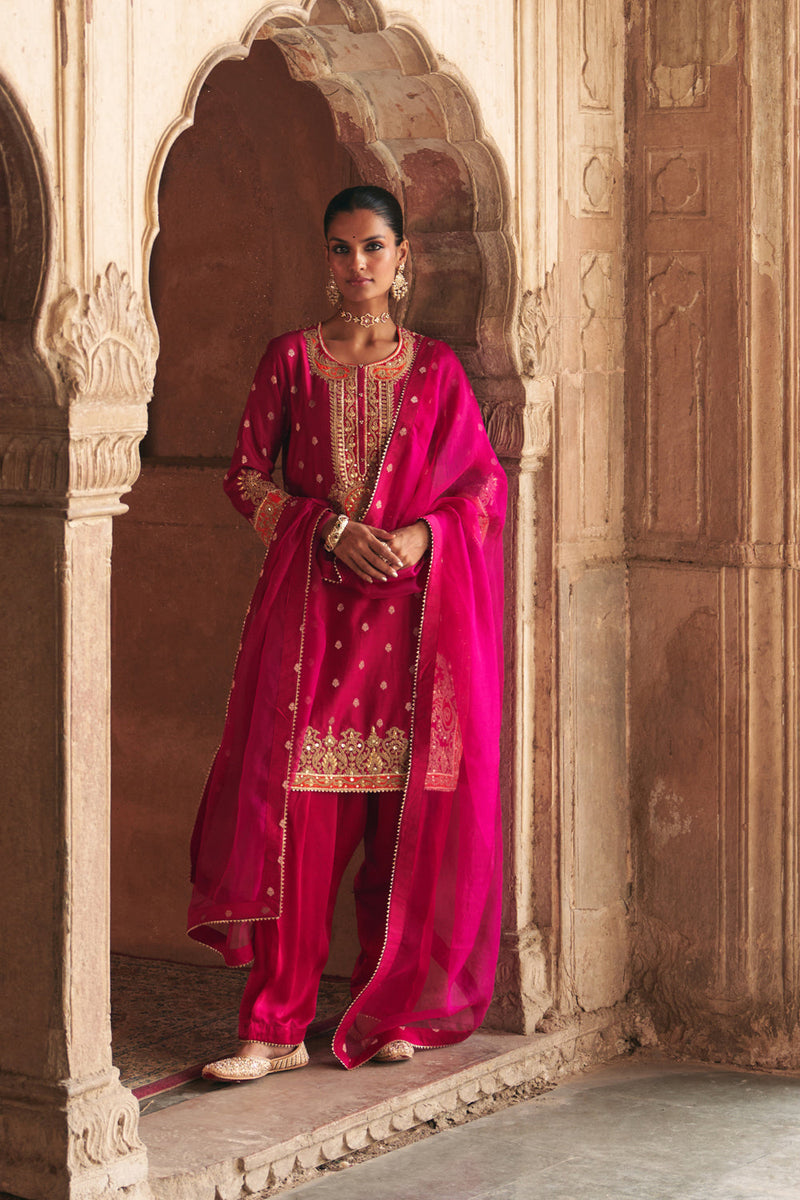ANILA - HOTPINK SHORT KURTA WITH SALWAR chanderi silk kurta/kurta set by SHEETAL BATRA in pink for women in Singapore