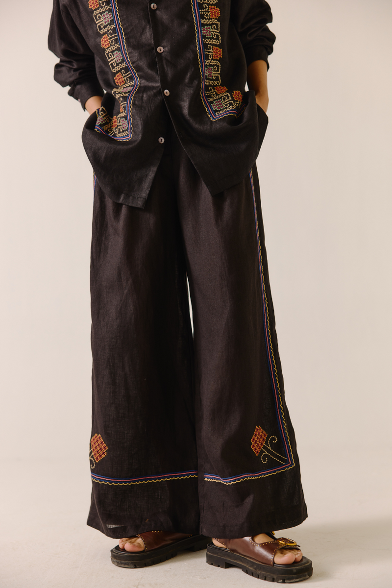 Lounge Pants - Black Cross Stitched Embroidery linen by CORD in black for women in Singapore