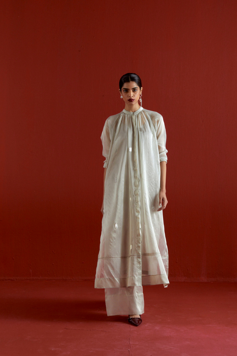 EMB. GATHER NECK SHIRT CO-ORD-METALLIC GREY tissue by THREE in grey color for women in Singapore