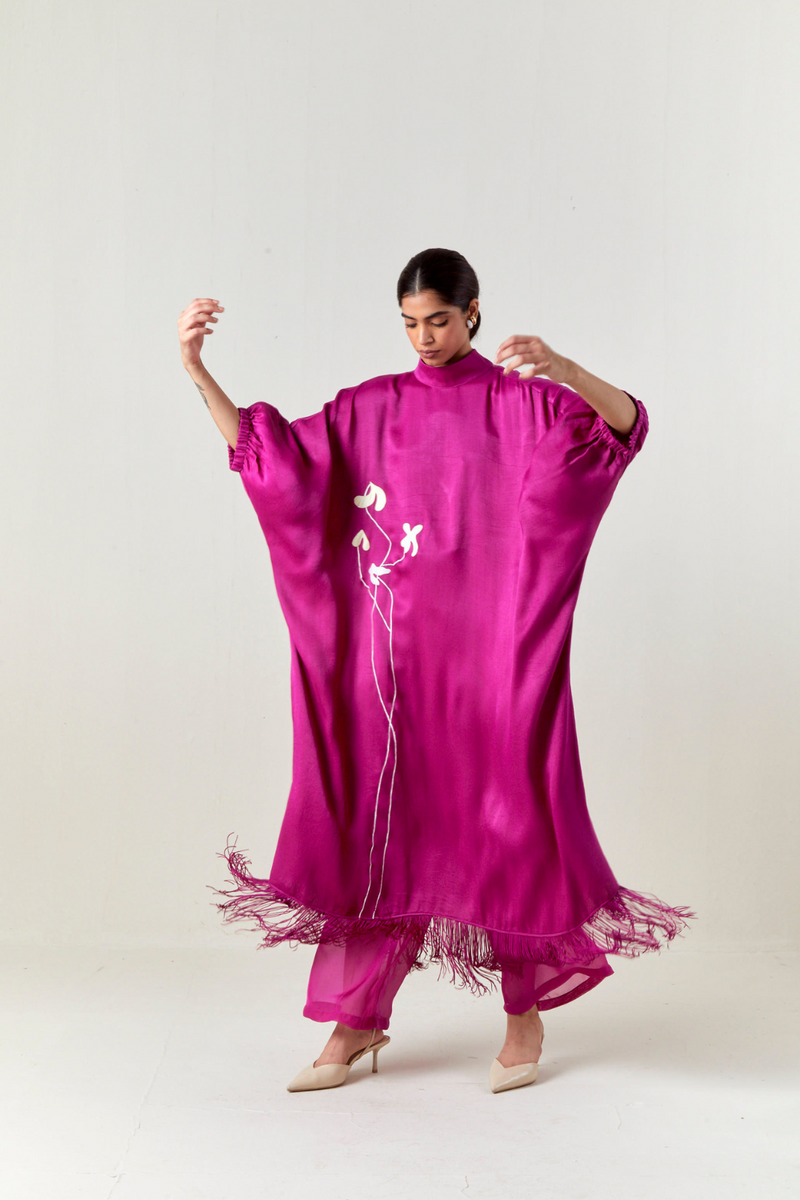 FLORAL FRINGE KAFTAN CO-ORD-FUCHSIA satin by THREE for women in Singapore