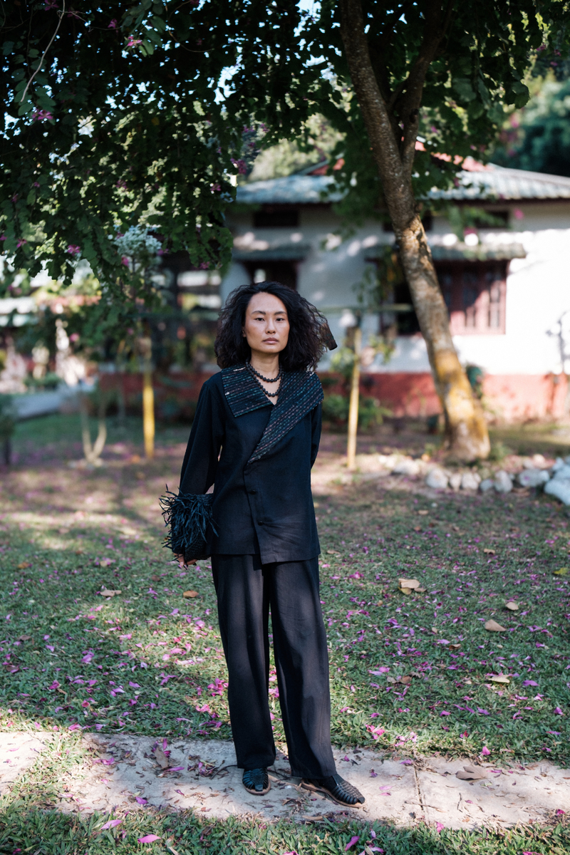 Upcycled Handwoven Arrow collar shirt - Black Green cotton by The Terra Tribe in green color for women in Singapore