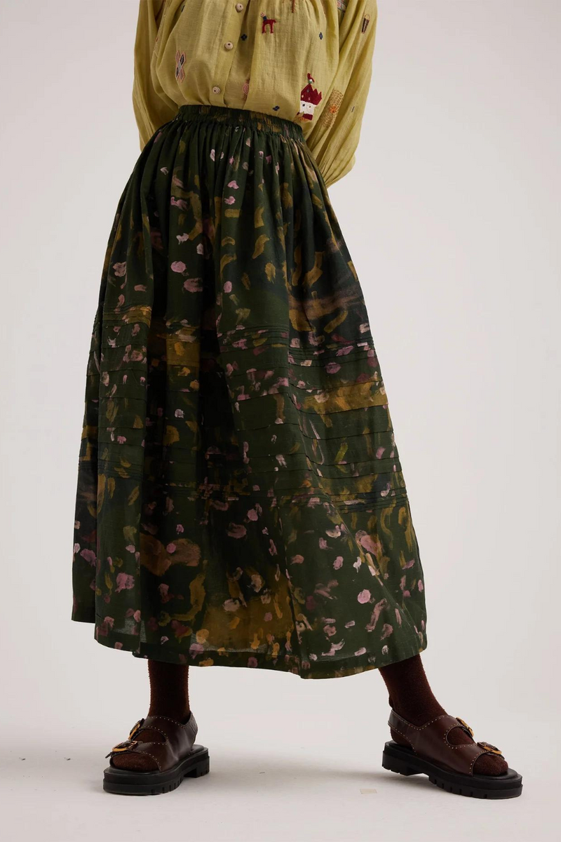 Pintuck Skirt-Green Strokes cotton by CORD for women in Singapore