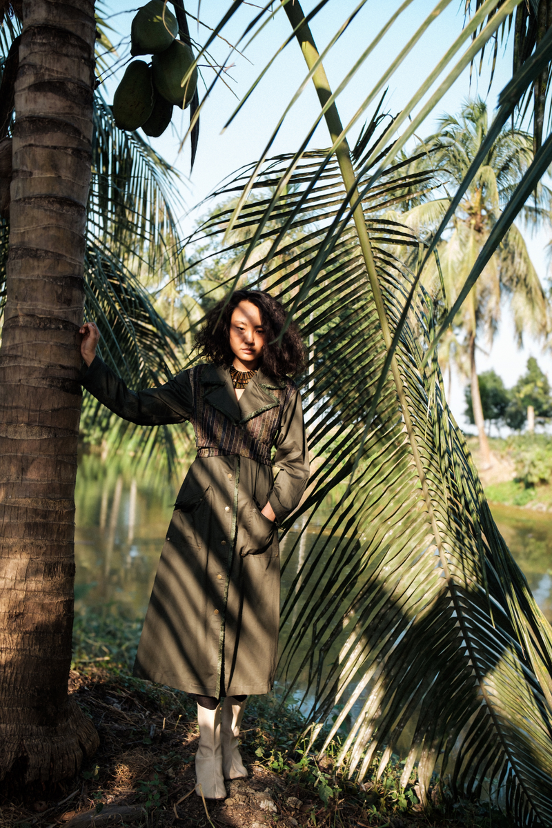 Upcycled Copenhagen Trench - Green cotton by The Terra Tribe in green color for women in Singapore