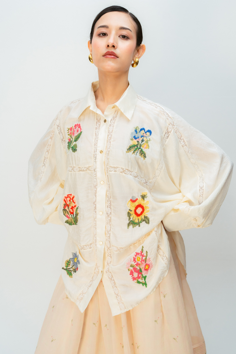 SUMMER LANTERN SHIRT silk top/shirt by Ode to Odd in off white for women in Singapore