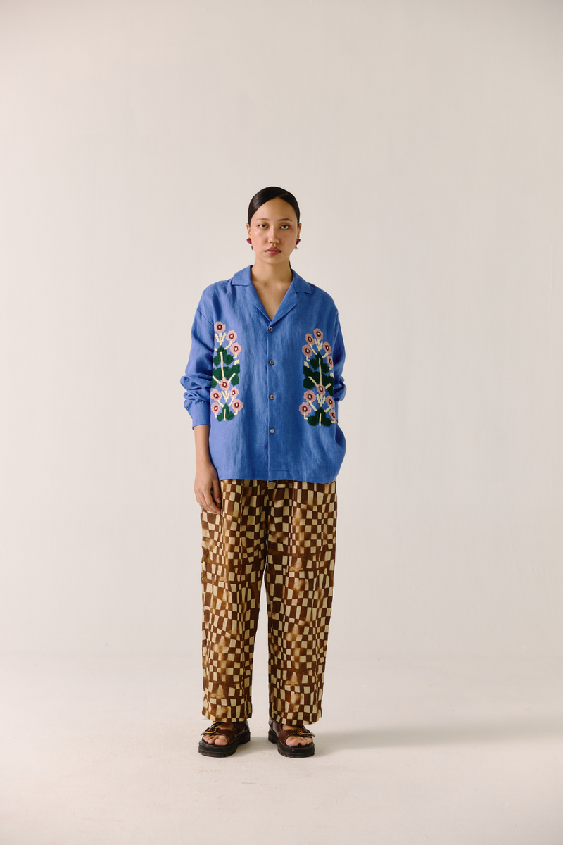 Unisex Shirt (full sleeve) - Electric Blue (pixel applique) linen by CORD in blue for women in Singapore