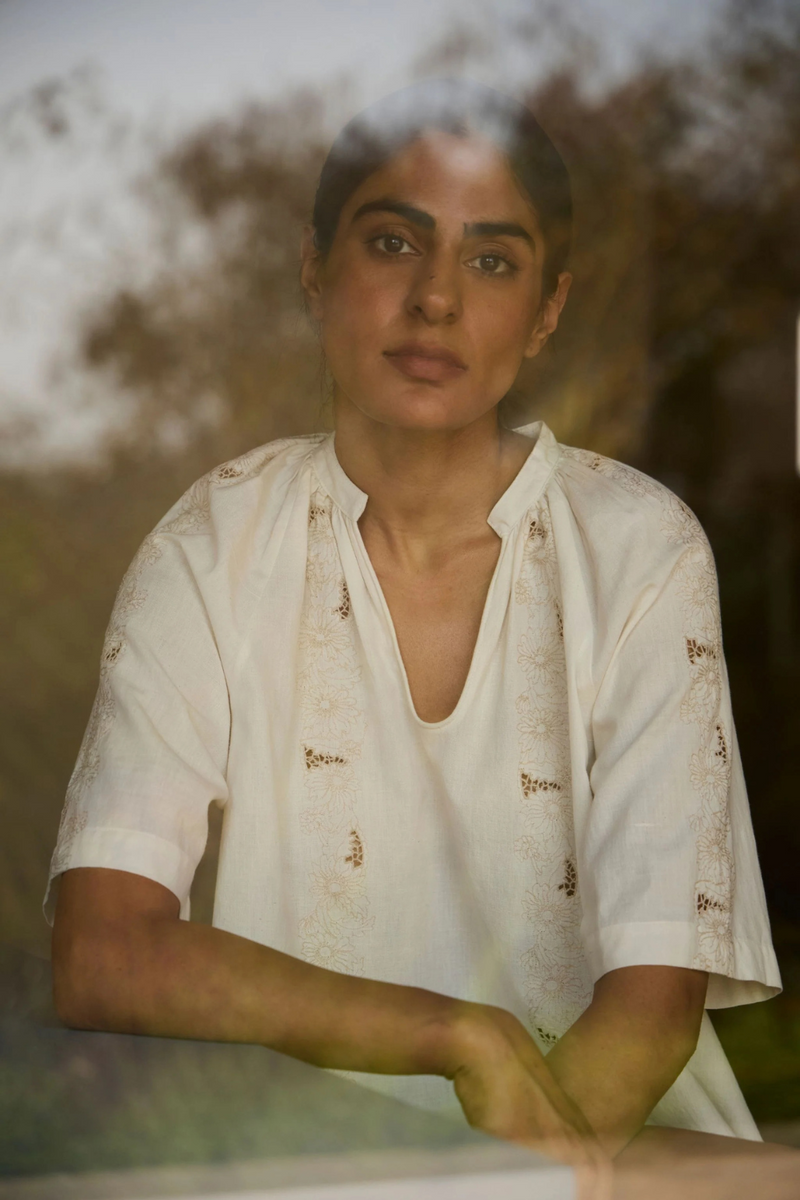Bheer Handwoven Embroidered Top cotton by The Summer House in white color for women in Singapore