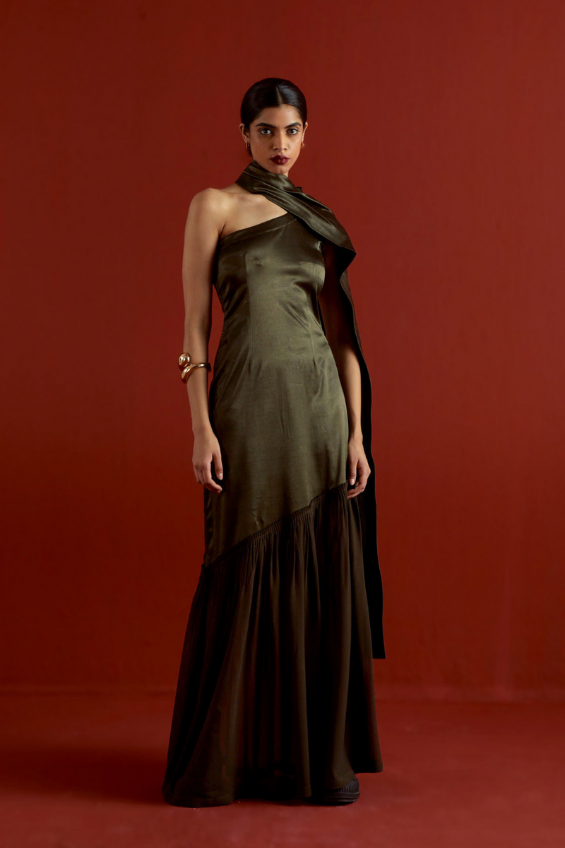 ONE SHOULDER DRESS-DARK OLIVE satin by THREE in olive color for women in Singapore