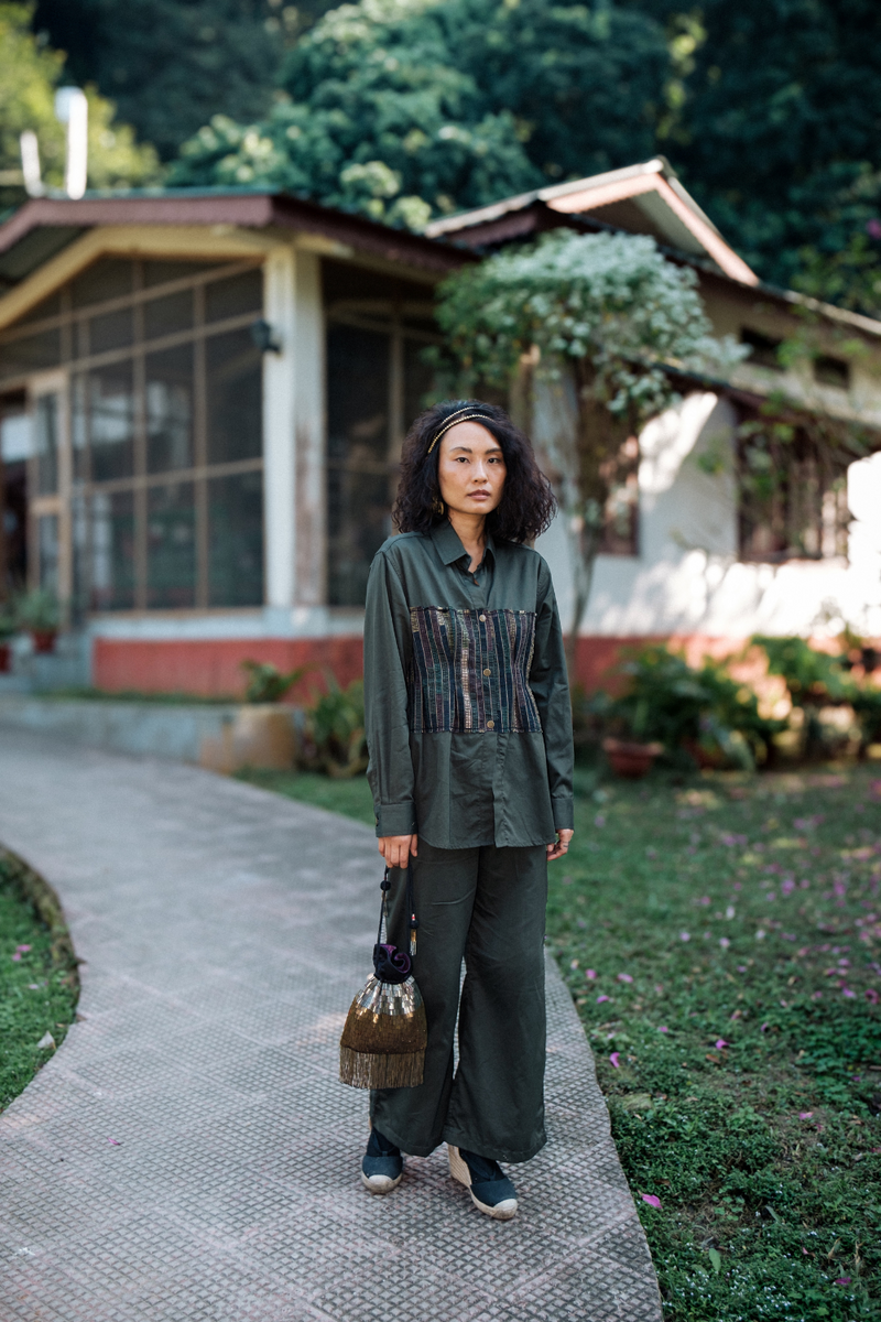 Upcycled Hunza Shirt - Green cotton by The Terra Tribe in green color for women in Singapore