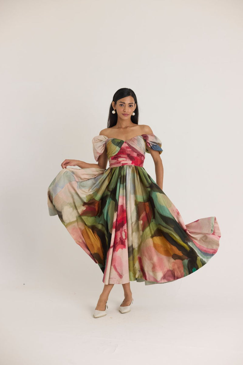 TILLY PUFF SLEEVE DRESS satin by Yam in multi color for women in Singapore