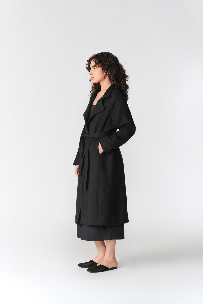 Chenille Long Overcoat jacket/overlay by Turn Black in black for women in Singapore