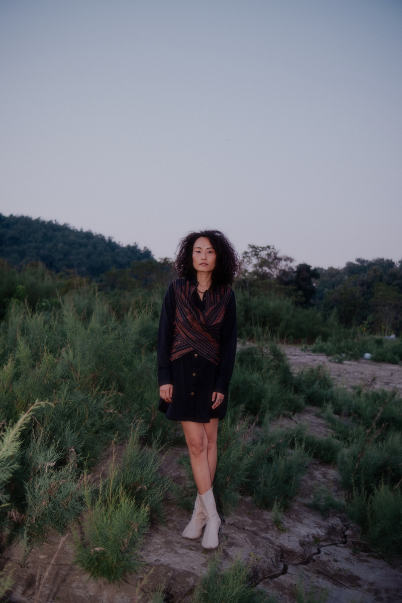 Upcycled Seattle Wrap Short Dress - Black Copper cotton by The Terra Tribe in black color for women in Singapore