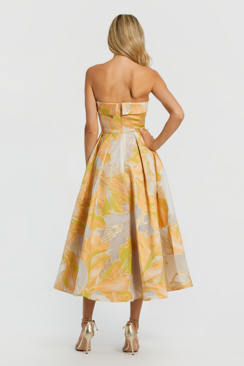 20724-Brocade Midi Dress-Peach Multi mul by Mac Duggal in multi color for women in Singapore