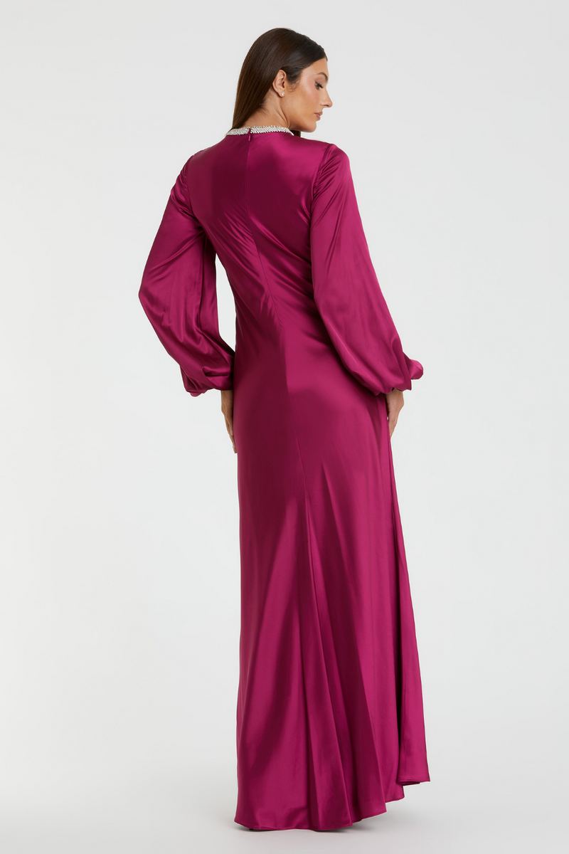 26575-Bishop Sleeve Satin Gown-Berry by Mac Duggal for women in Singapore