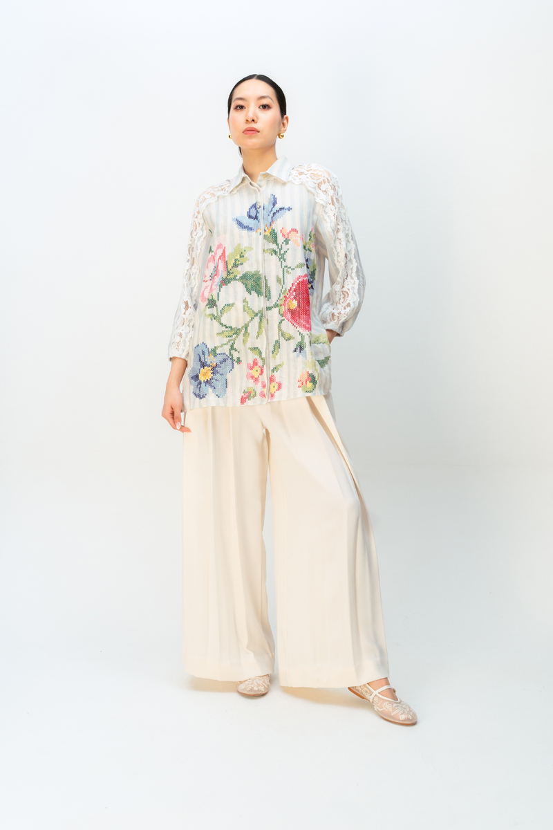 BLUSHING PETAL SHIRT linen top/shirt by Ode to Odd in blue for women in Singapore