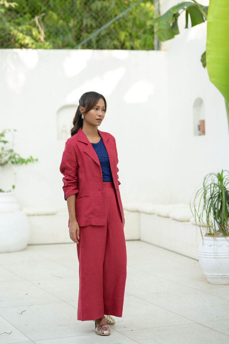 Crimson Sky Suit linen co-ord set by Zanzibar Living in crimson red for women in Singapore