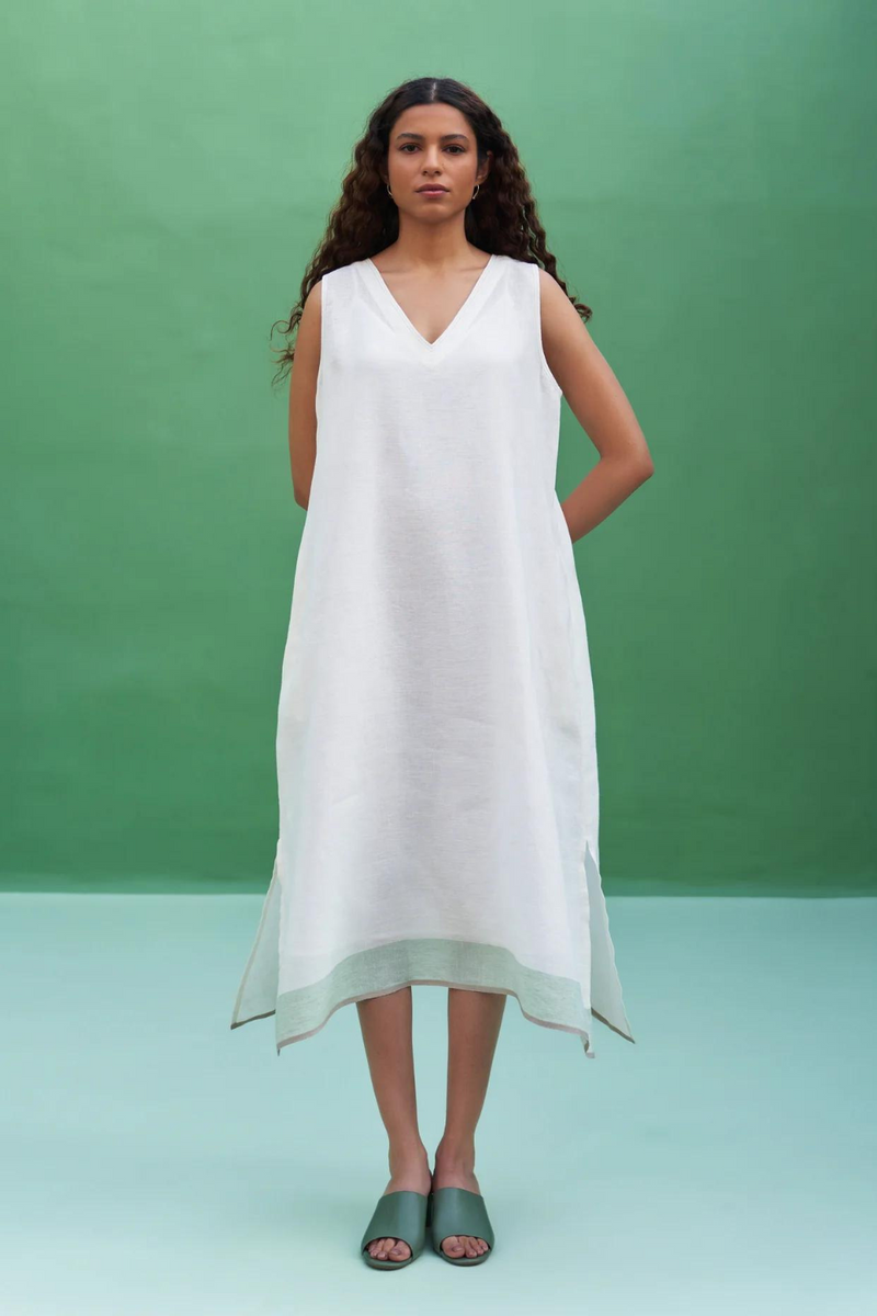 Jin Border Linen Dress 
- Ivory linen by Manan in ivory color for women in Singapore