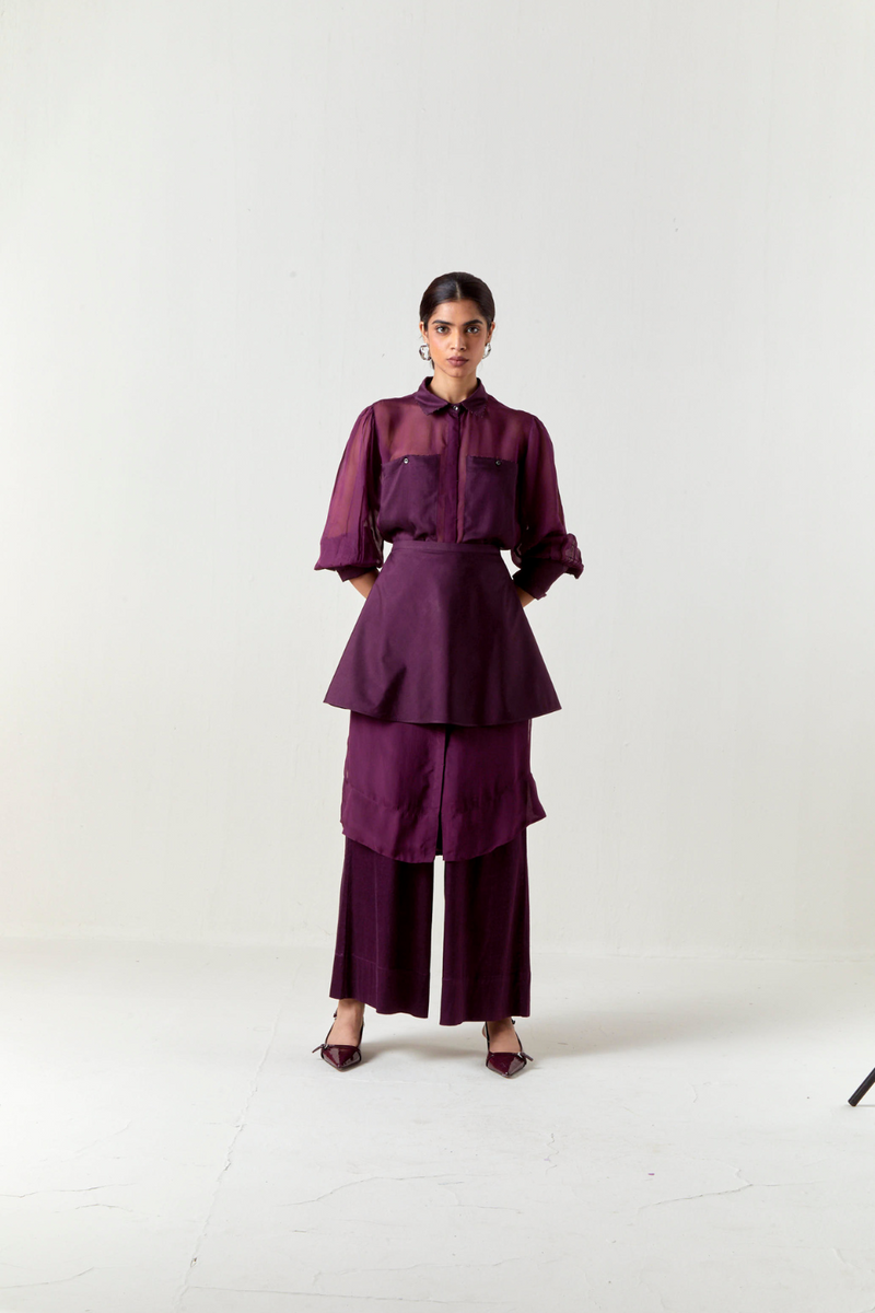 BEADED COLLAR SHEER SHIRT CO-ORD-WINE organza by THREE for women in Singapore