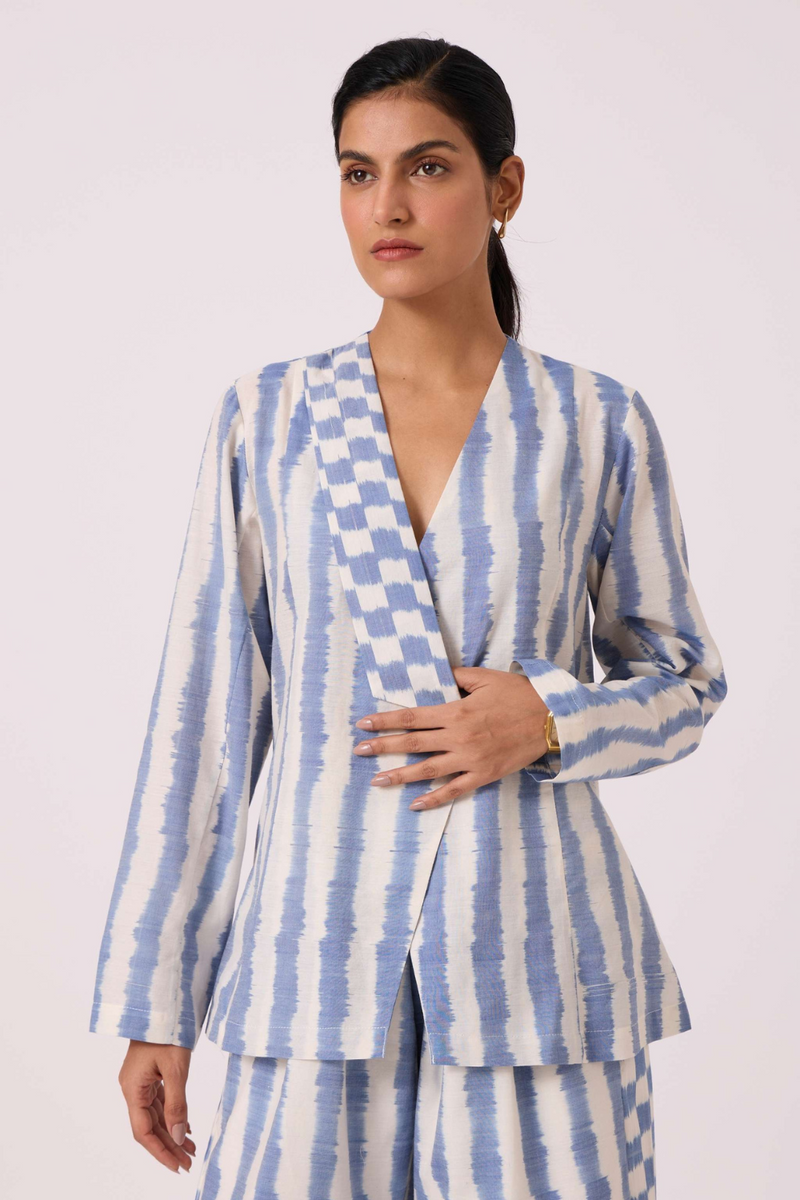 Dimtri Blue Striped Ikat Jacket cotton by The Summer House in blue color for women in Singapore
