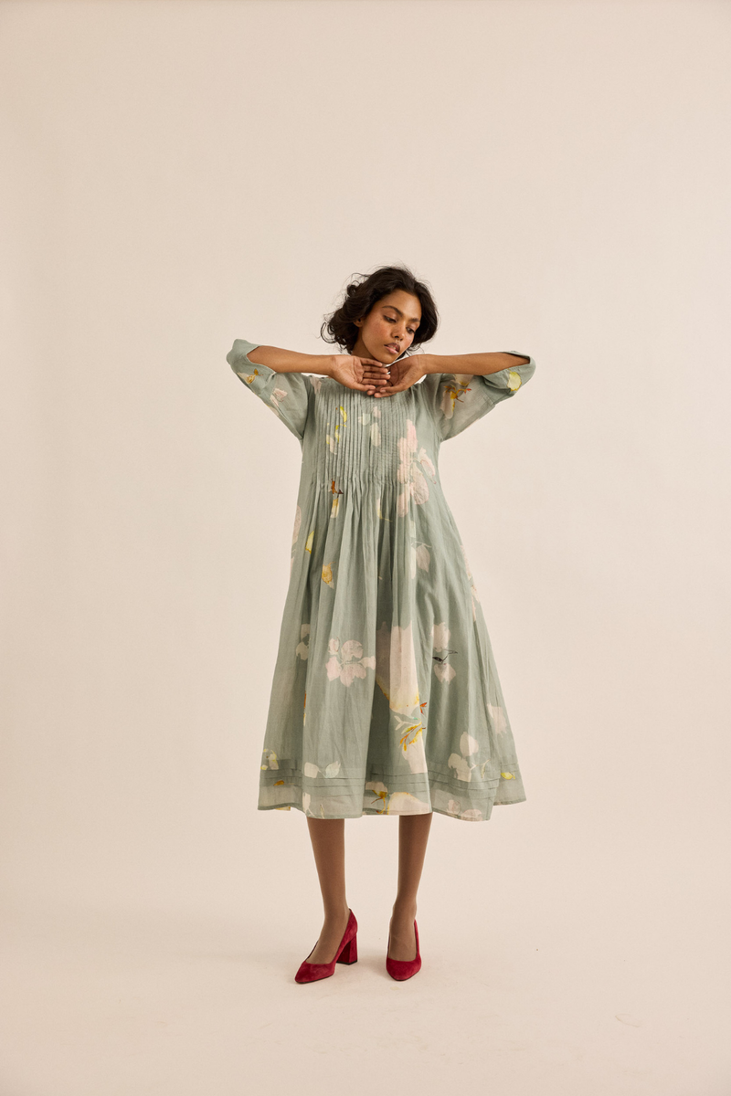 Cornflower Dress mul dress by Khara Kapas in sage green for women in Singapore