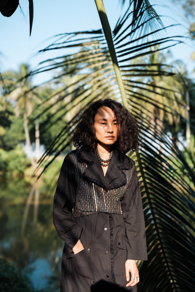 Upcycled Handwoven Copenhagen Trench - Black Green cotton by The Terra Tribe in green color for women in Singapore