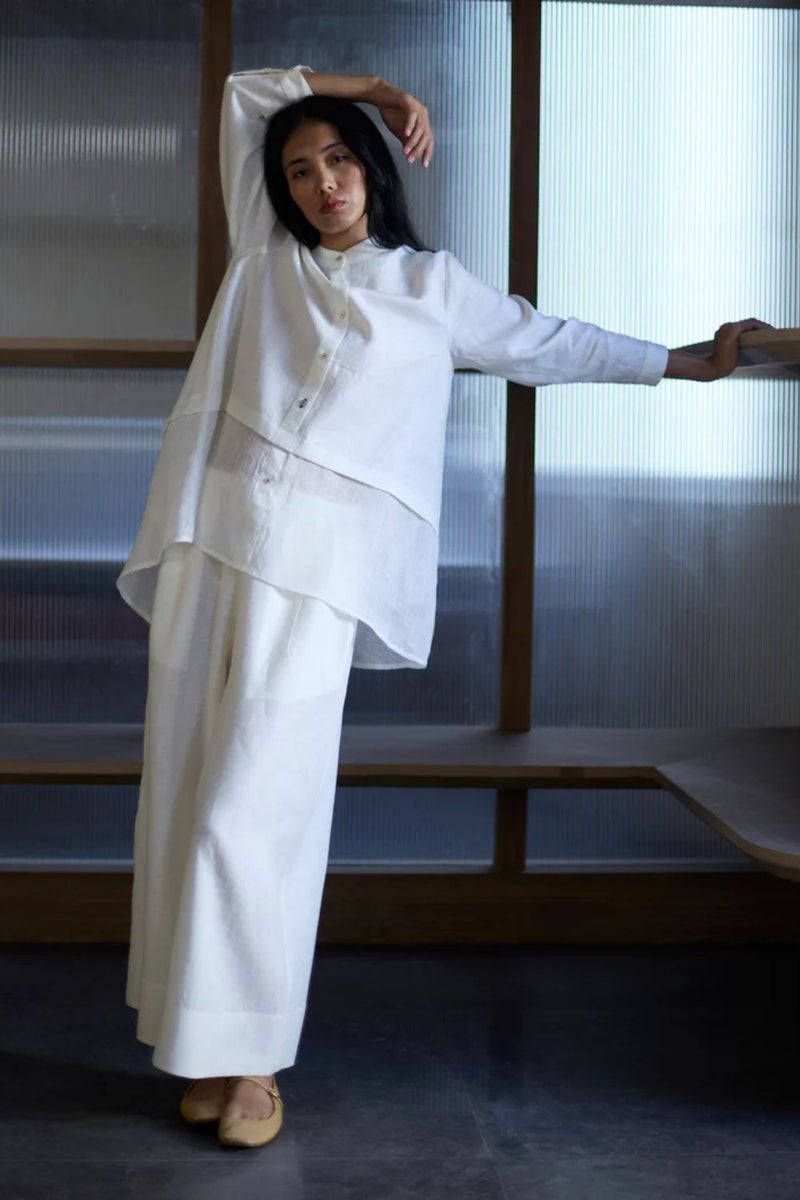 Anaya Linen A-Line Shirt - Ivory linen by Manan in white color for women in Singapore