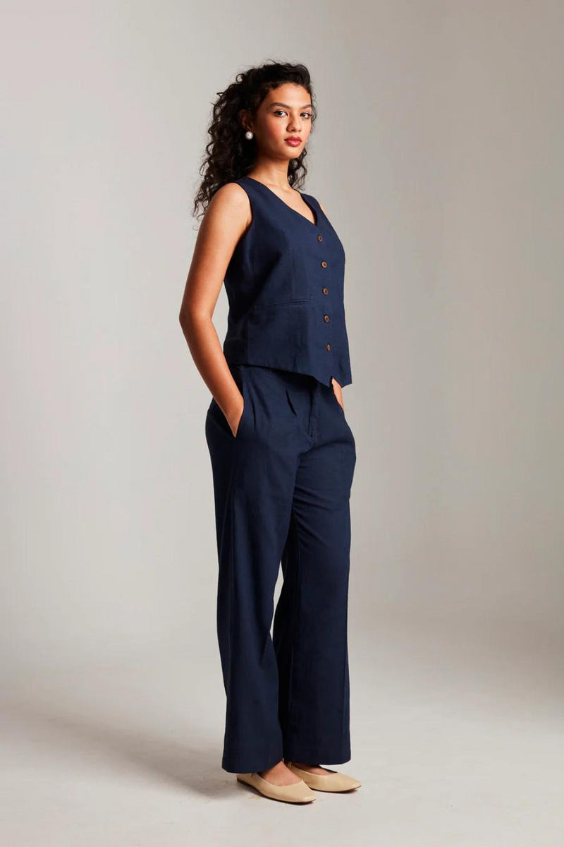 Navy Co-Linen Pleated Trousers
