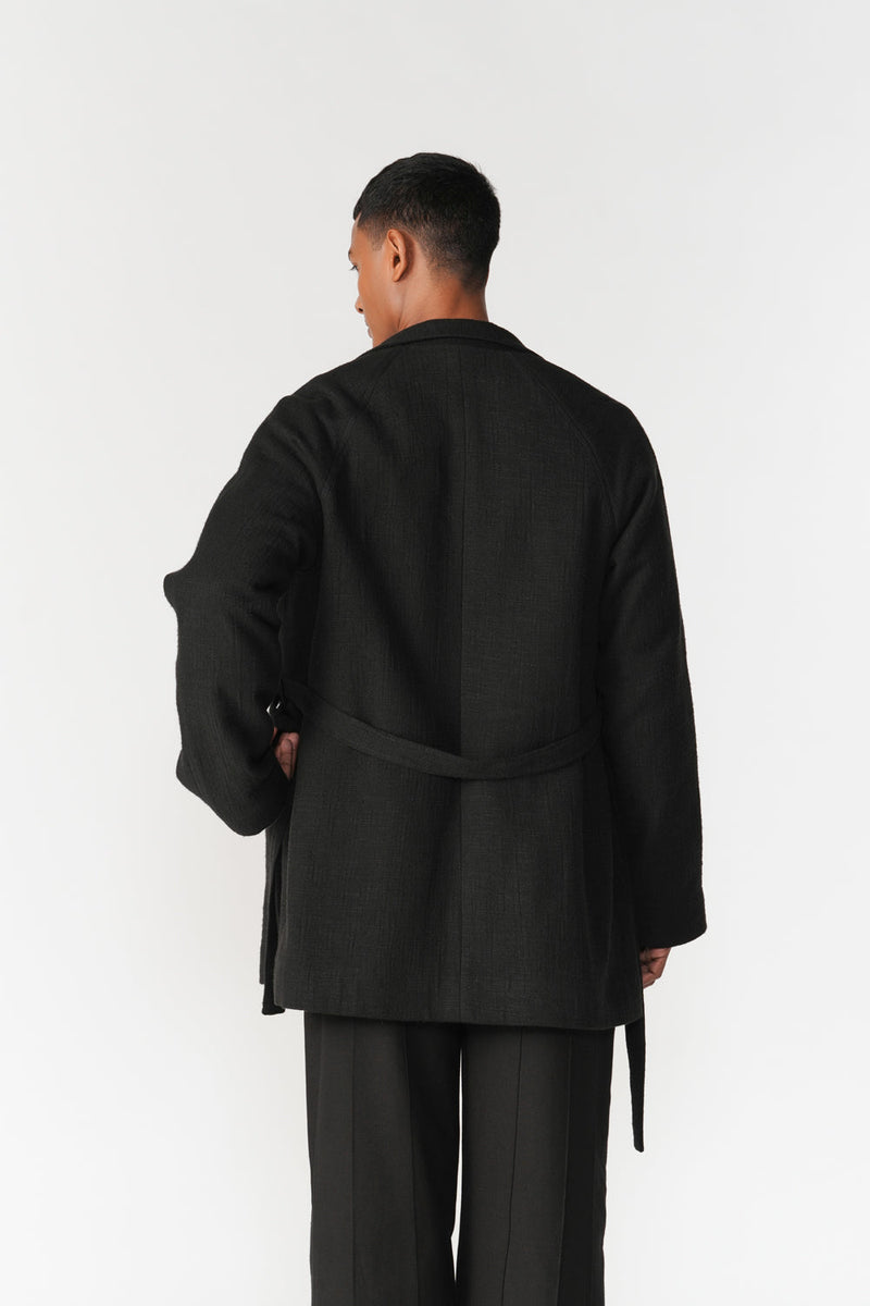 Chenille Notch Lapel Short Overcoat jacket/overlay by Turn Black in black for men in Singapore