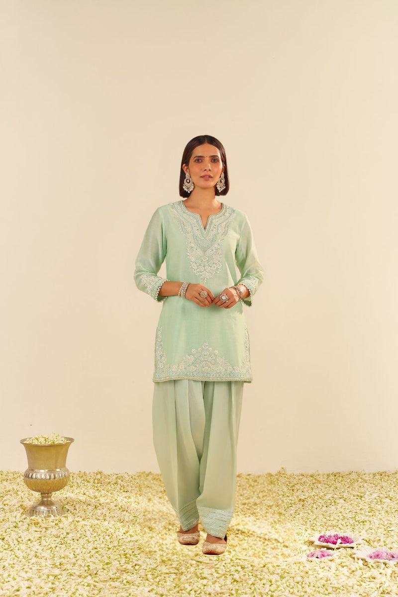 Haniya - Short Kurta With Salwar And Dupatta-Mint Green silk by SHEETAL BATRA in mint color for women in Singapore