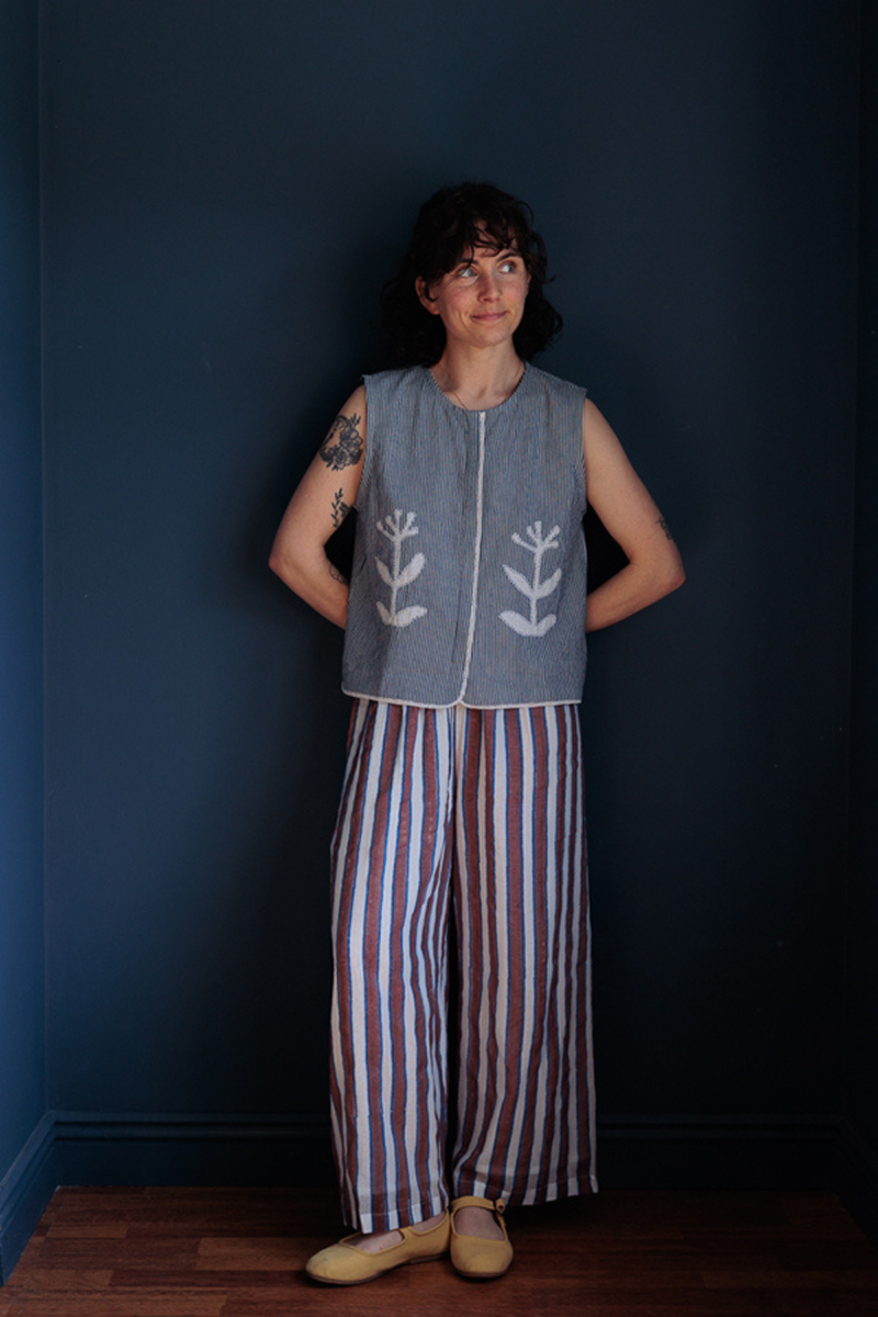 Zebra Stroll Pants-Brown Stripes handwoven cotton pant/trouser by World of Crow in multicolor for women in Singapore