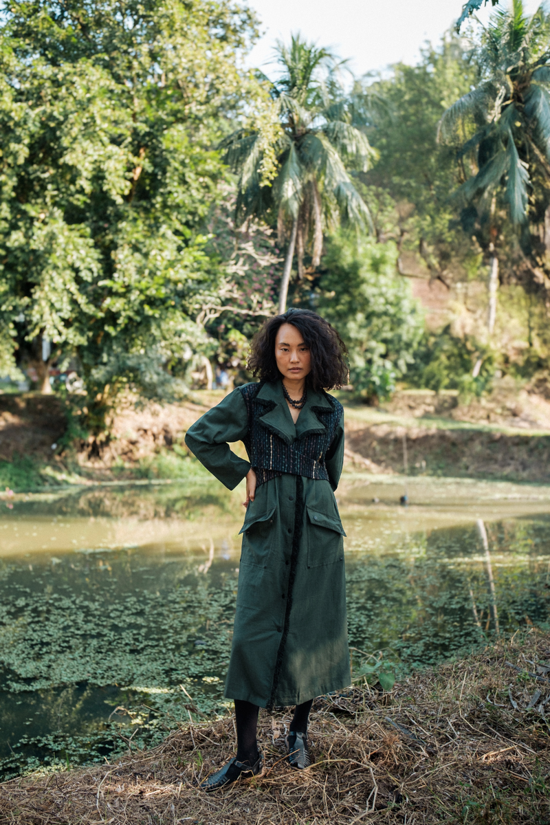 Upcycled Handwoven Copenhagen Trench - Green cotton by The Terra Tribe in green color for women in Singapore