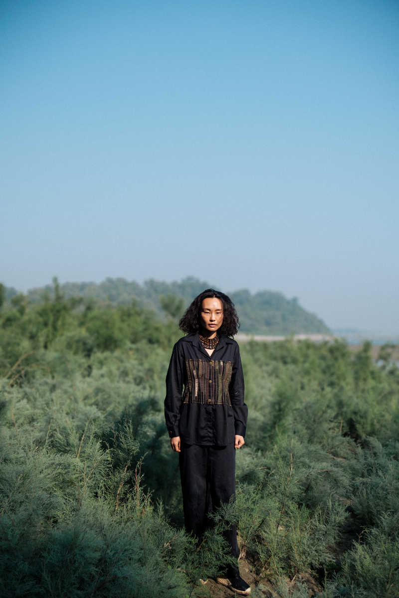 Upcycled Hunza Shirt - Black Green cotton by The Terra Tribe in green color for women in Singapore