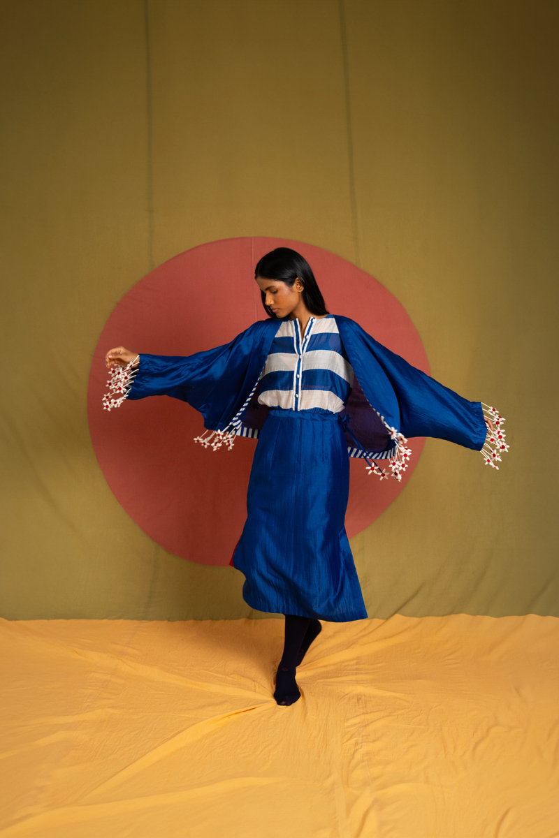 Tass Moma Jacket-Blue and White chanderi jacket/overlay by Ka-Sha in blue for women in Singapore