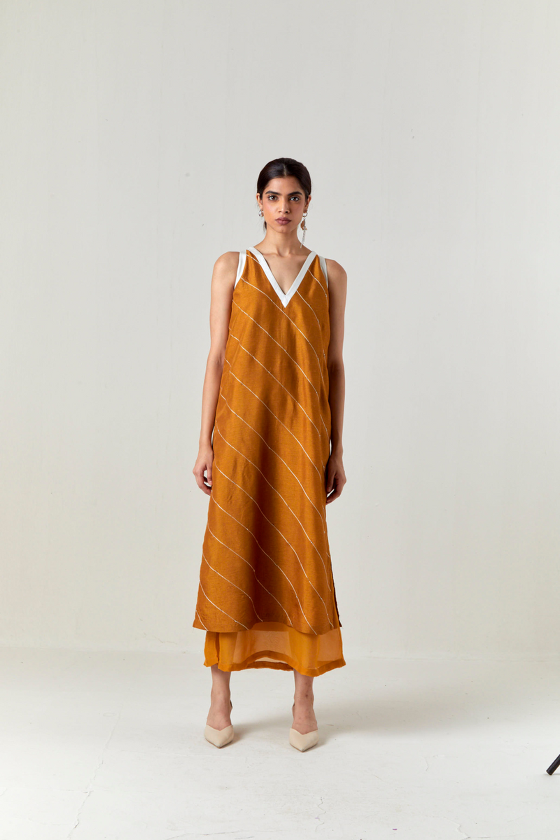 V-NECK EMBELLISHMENT DETAIL DRESS-OCHRE silk by THREE for women in Singapore