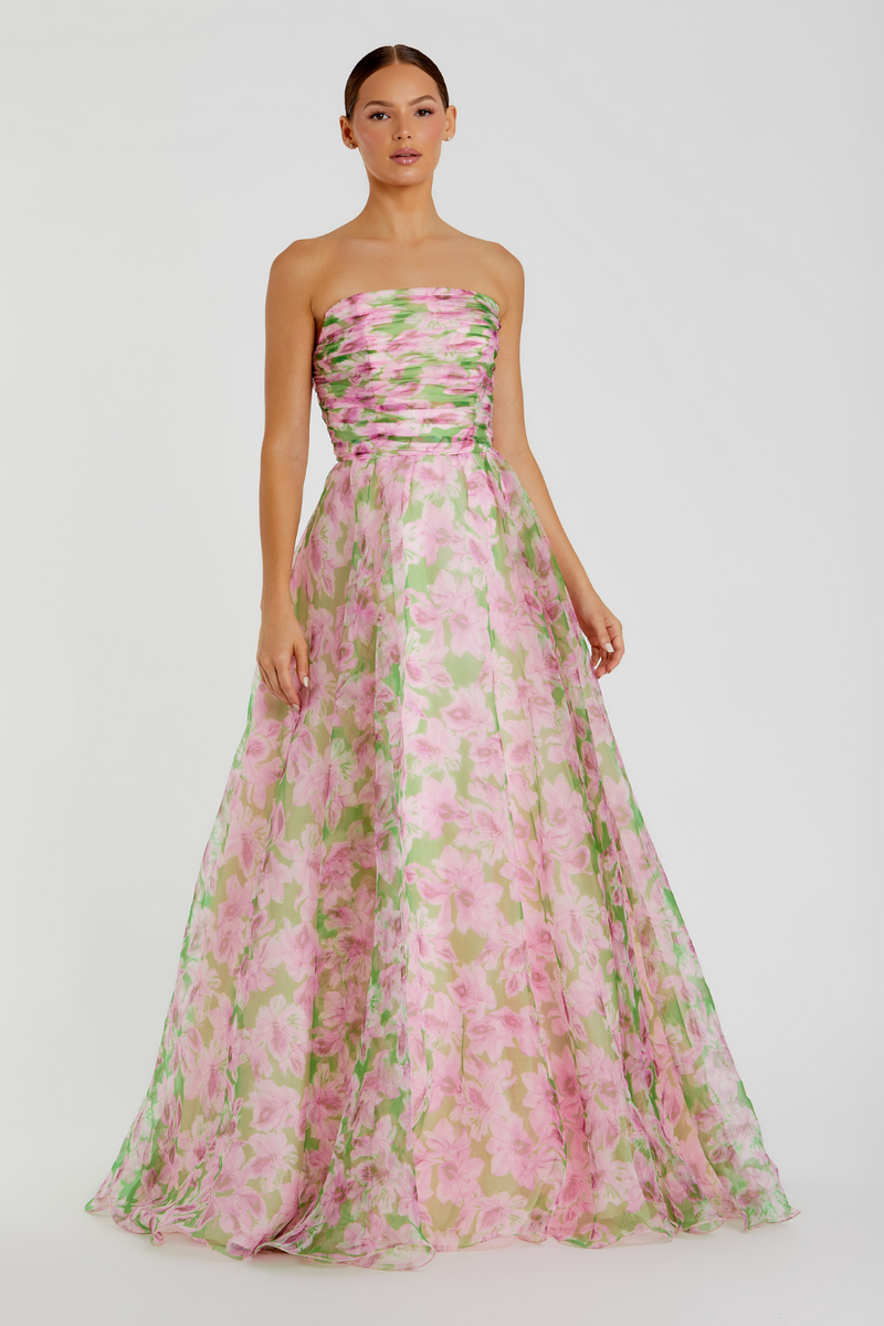 30783-Chiffon Gown with Ruffle Detail-Pink Multi mul by Mac Duggal in pink color for women in Singapore