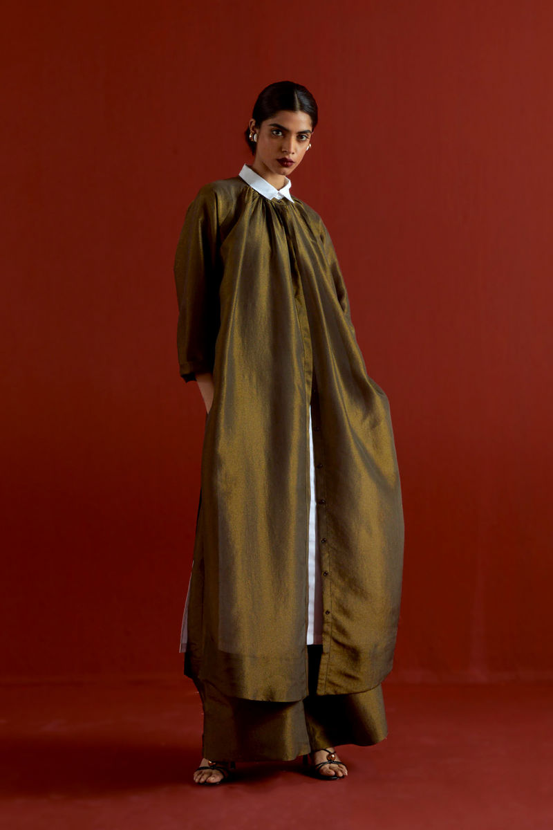 GATHER NECK SHIRT CO-ORD-OLIVE GOLD tissue by THREE in gold color for women in Singapore