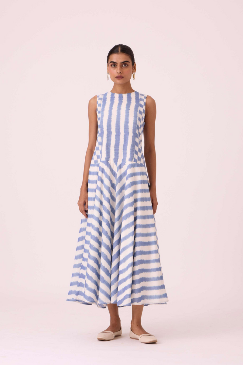 Myshkin Blue Striped Ikat Dress cotton by The Summer House in blue color for women in Singapore