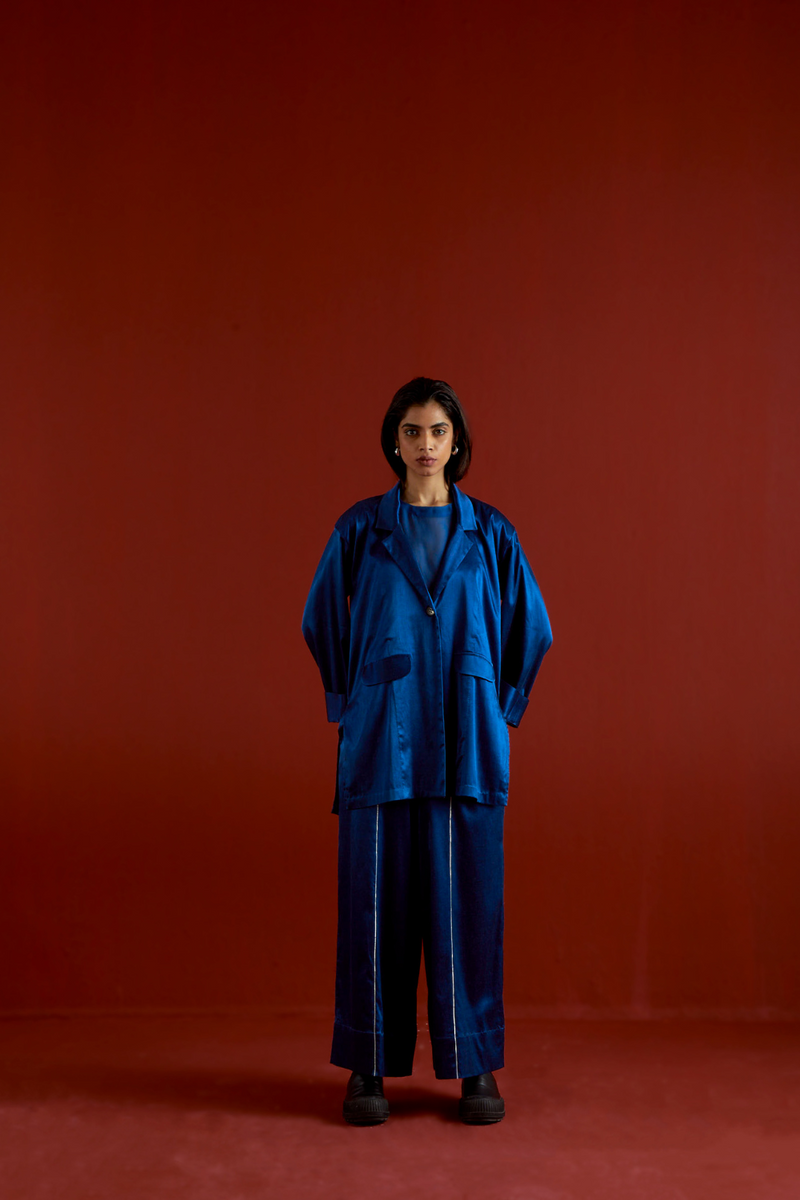 WIDE SLEEVE JACKET CO-ORD-ELECTRIC BLUE satin by THREE in blue color for women in Singapore