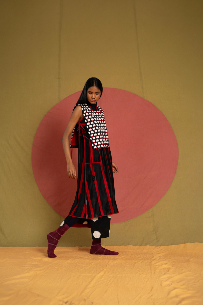 Lino Patti Dress-Black and Red chanderi dress by Ka-Sha in red for women in Singapore