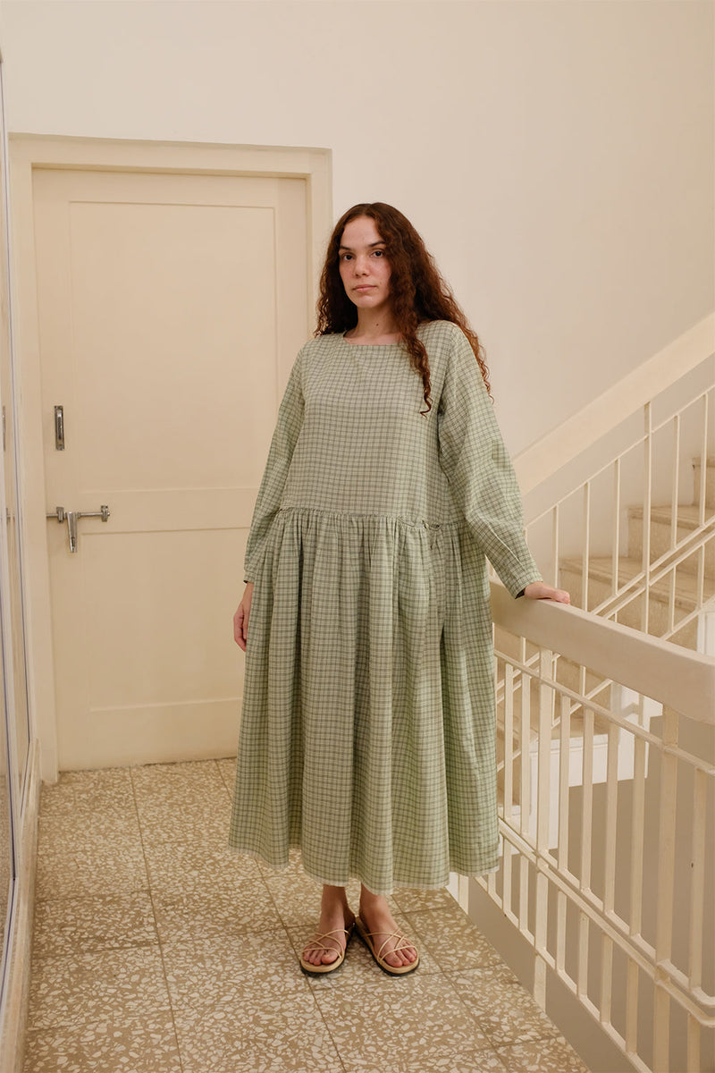 Blake-Smoked Green Checks Dress handwoven cotton dress by MASON AND MILL in green for women in Singapore