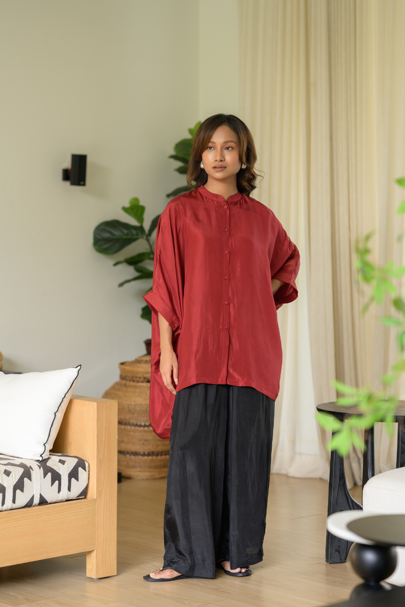 Ruby Kaftan Top silk top/shirt by Zanzibar Living in ruby red for women in Singapore