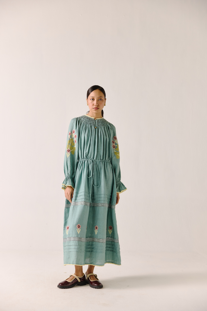 Edith Dress - Pale Blue Pixel Applique linen by CORD in blue for women in Singapore