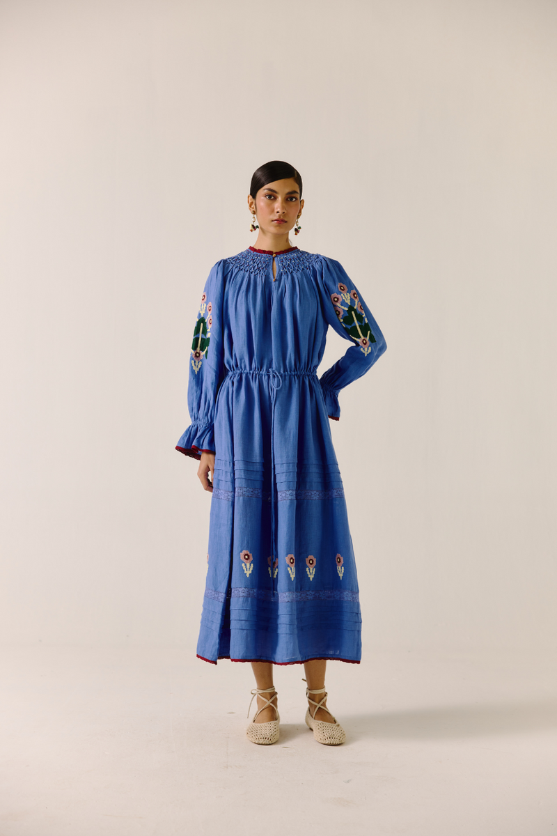 Edith Dress - Electric Blue Pixel Applique linen by CORD in blue for women in Singapore